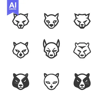Aset premium populer: Nine Geometric Animal Head Icons with Black Outlines