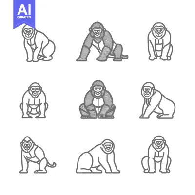 Aset premium populer: Nine Grey Outline Gorilla Illustrations in Various Poses