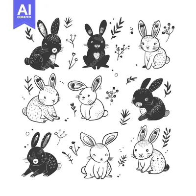 Premium design asset: Nine Hand-Drawn Black and White Bunnies with Floral Elements