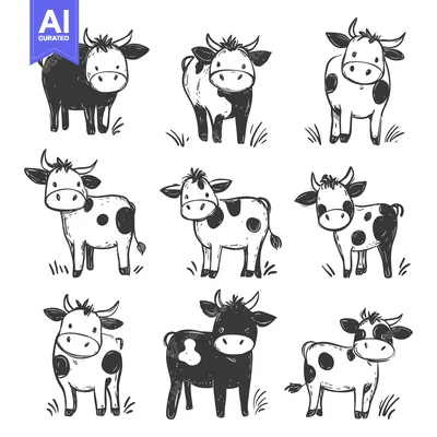 Aset premium populer: Nine Hand-Drawn Black and White Cows in Various Poses