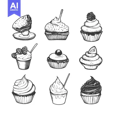 Nine Hand-Drawn Black and White Cupcakes with Various Toppings