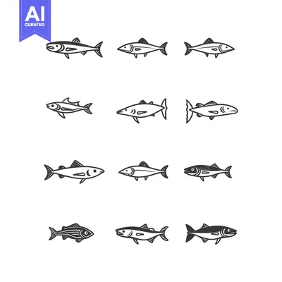Aset premium populer: Nine Hand-Drawn Black and White Fish Illustrations