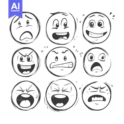 Nine Hand-Drawn Cartoon Emojis Displaying a Variety of Facial Expressi