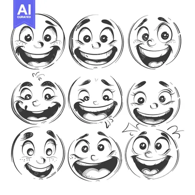Aset premium populer: Nine Hand-Drawn Cartoon Faces Expressing Joy and Excitement