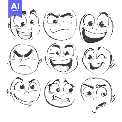 Nine Hand-Drawn Cartoon Faces Expressing Various Emotions