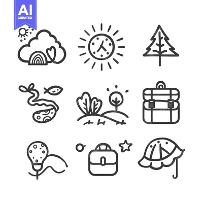Nine Hand-Drawn Outline Icons for Adventure, Travel, and Nature