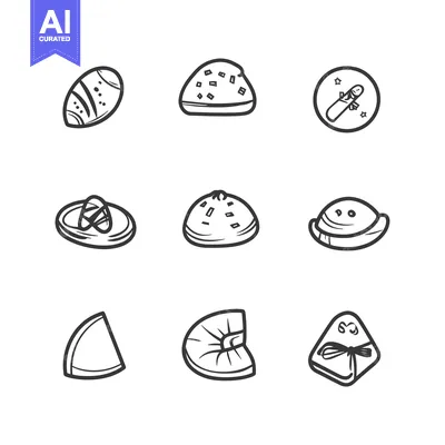 Aset desain premium: Nine Hand-Drawn Outline Icons of Different Food Items