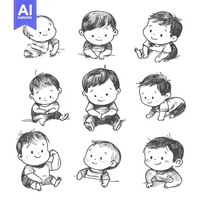 Aset premium populer: Nine Hand-Drawn Sketches of Smiling Babies in Various Poses