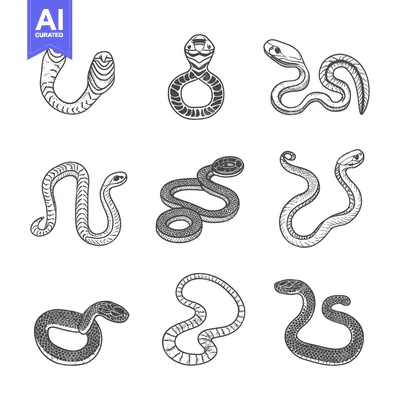 Aset desain premium: Nine Hand-Drawn Sketches of Various Snake Poses