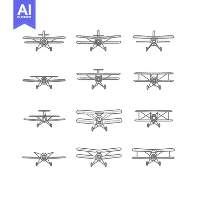 Nine Hand-Drawn Sketches of Vintage Biplanes