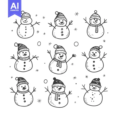 Nine Hand-Drawn Snowmen with Hats and Scarves