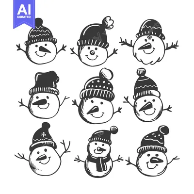 Nine Hand-Drawn Snowmen With Various Hats and Facial Expressions