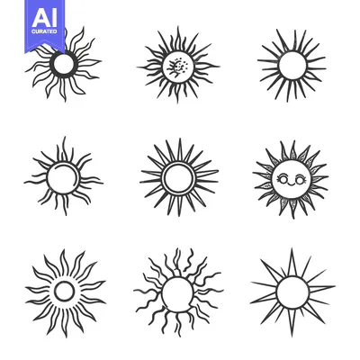 Aset desain premium: Nine Hand-Drawn Sun Illustrations with Various Ray Styles