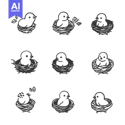 Aset desain premium: Nine Illustrated Baby Birds in Nests