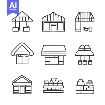 Aset desain premium: Nine Linear Illustrations of Shops and Stores