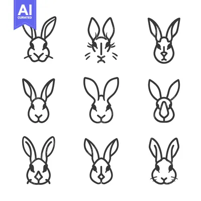 Aset premium populer: Nine Line Art Bunny Faces with Varying Expressions