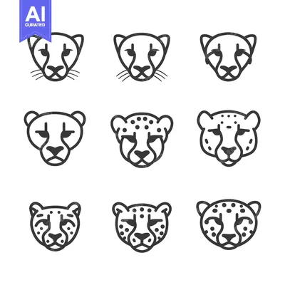 Aset desain premium: Nine Line Art Cheetah Faces with and Without Spots