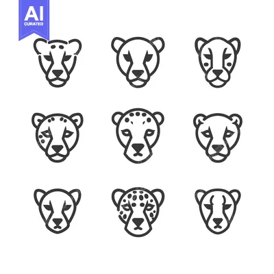 Aset desain premium: Nine Line Art Cheetah Head Icons with and without Spots