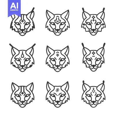 Premium design asset: Nine Line Art Drawings of Lynx Heads with Geometric Designs