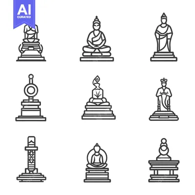 Nine Line Art Illustrations Depicting Buddhist Statues and Structures