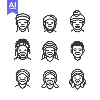 Aset desain premium: Nine Line Art Illustrations of Diverse People with Unique Hairstyles a