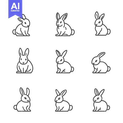 Nine Line Art Illustrations of Sitting Bunnies
