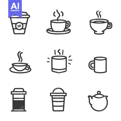 Premium design asset: Nine Line Art Illustrations of Various Cups and Pots for Hot Beverages