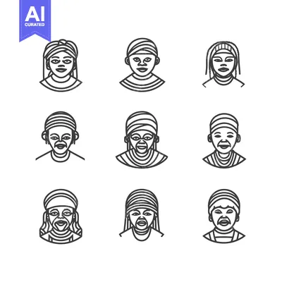 Aset desain premium: Nine Line Art Portraits of Diverse Individuals with Headwear