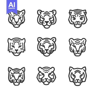 Aset desain premium: Nine Line Art Tiger Heads in a Grid
