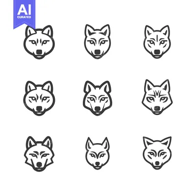 Aset desain premium: Nine Line Art Wolf Heads Facing Forward