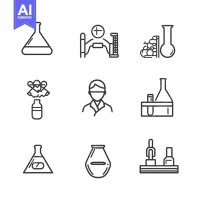 Nine Line Drawings Depicting Laboratory Items and a Scientist