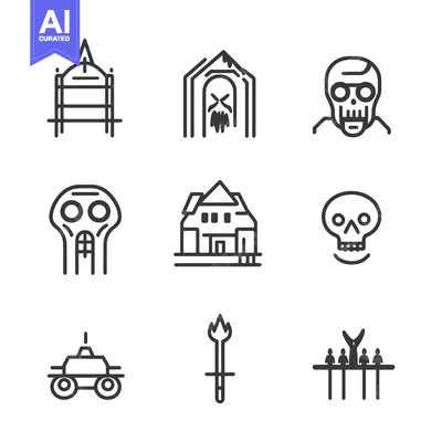 Aset desain premium: Nine Line Drawings Depicting Various Spooky and Creepy Symbols
