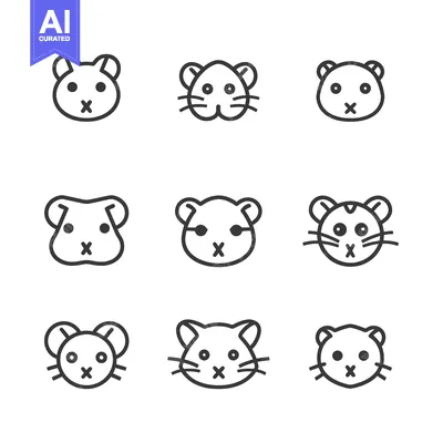 Nine Line Drawings of Animal Heads with Closed Mouths