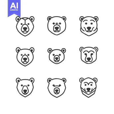 Aset desain premium: Nine Line Drawings of Bear Faces in Different Styles
