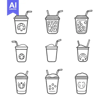 Aset premium populer: Nine Line Drawings of Boba Tea Cups with Straws