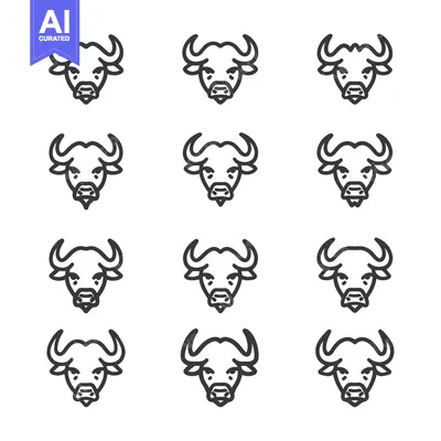 Aset premium populer: Nine Line Drawings of Buffalo Heads Facing Forward
