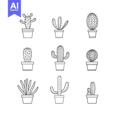 Aset desain premium: Nine Line Drawings of Cacti in Pots