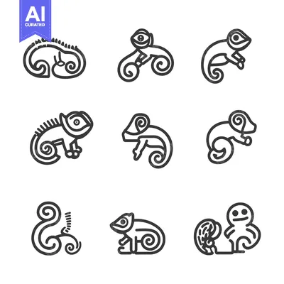 Nine Line Drawings of Chameleons in Various Poses