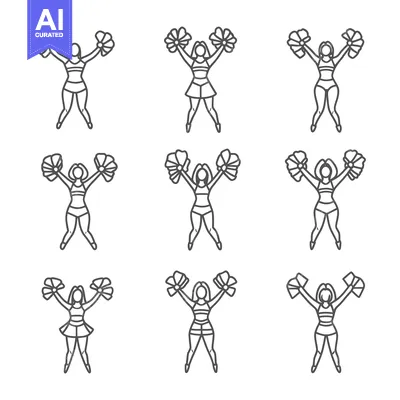 Nine Line Drawings of Cheerleaders Holding Pom-Poms
