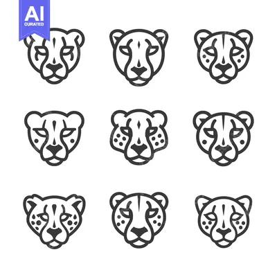 Premium design asset: Nine Line Drawings of Cheetah Heads with Variations in Spots