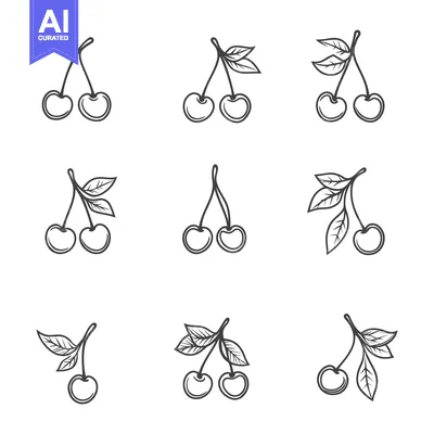 Aset premium populer: Nine Line Drawings of Cherries with Leaves
