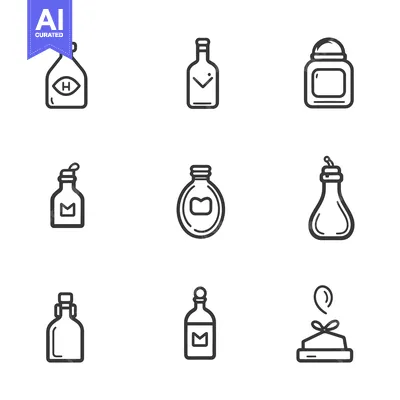 Aset desain premium: Nine Line Drawings of Different Bottles and Containers