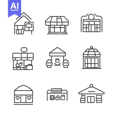 Aset desain premium: Nine Line Drawings of Different Shop Facades