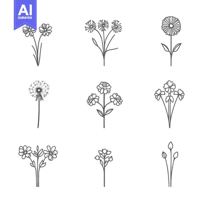 Nine Line Drawings of Different Types of Flowers