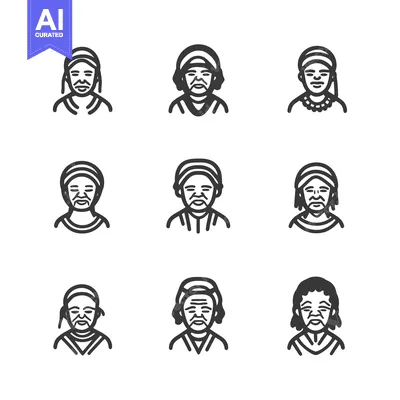 Aset desain premium: Nine Line Drawings of Elderly People with Different Hairstyles and Clo