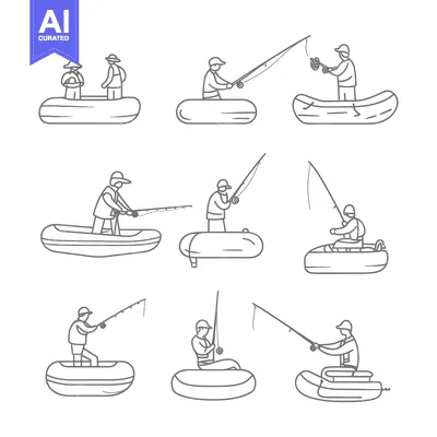 Nine Line Drawings of Fishermen in Boats