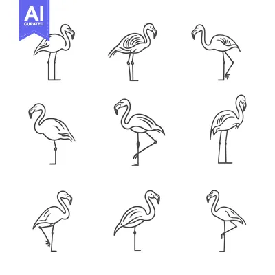 Aset desain premium: Nine Line Drawings of Flamingos in Different Poses