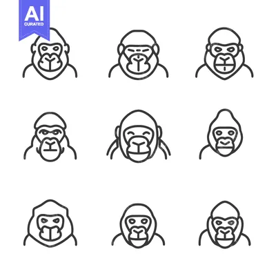 Aset desain premium: Nine Line Drawings of Gorilla Faces with Different Expressions
