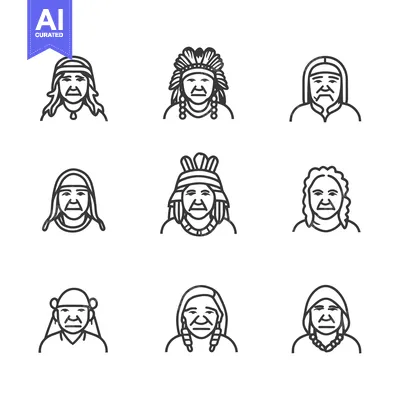 Aset desain premium: Nine Line Drawings of Indigenous People's Faces
