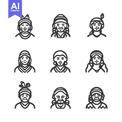 Premium design asset: Nine Line Drawings of Indigenous People with Traditional Headwear